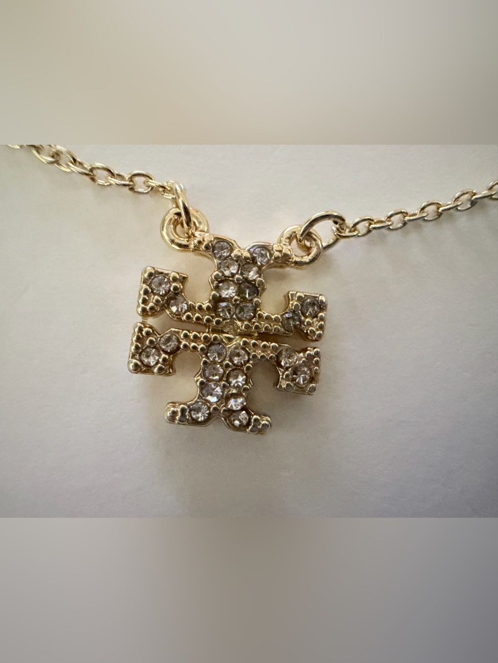 Tory Burch Gold Logo Pendant Necklace with Clear Crystals 17 inches